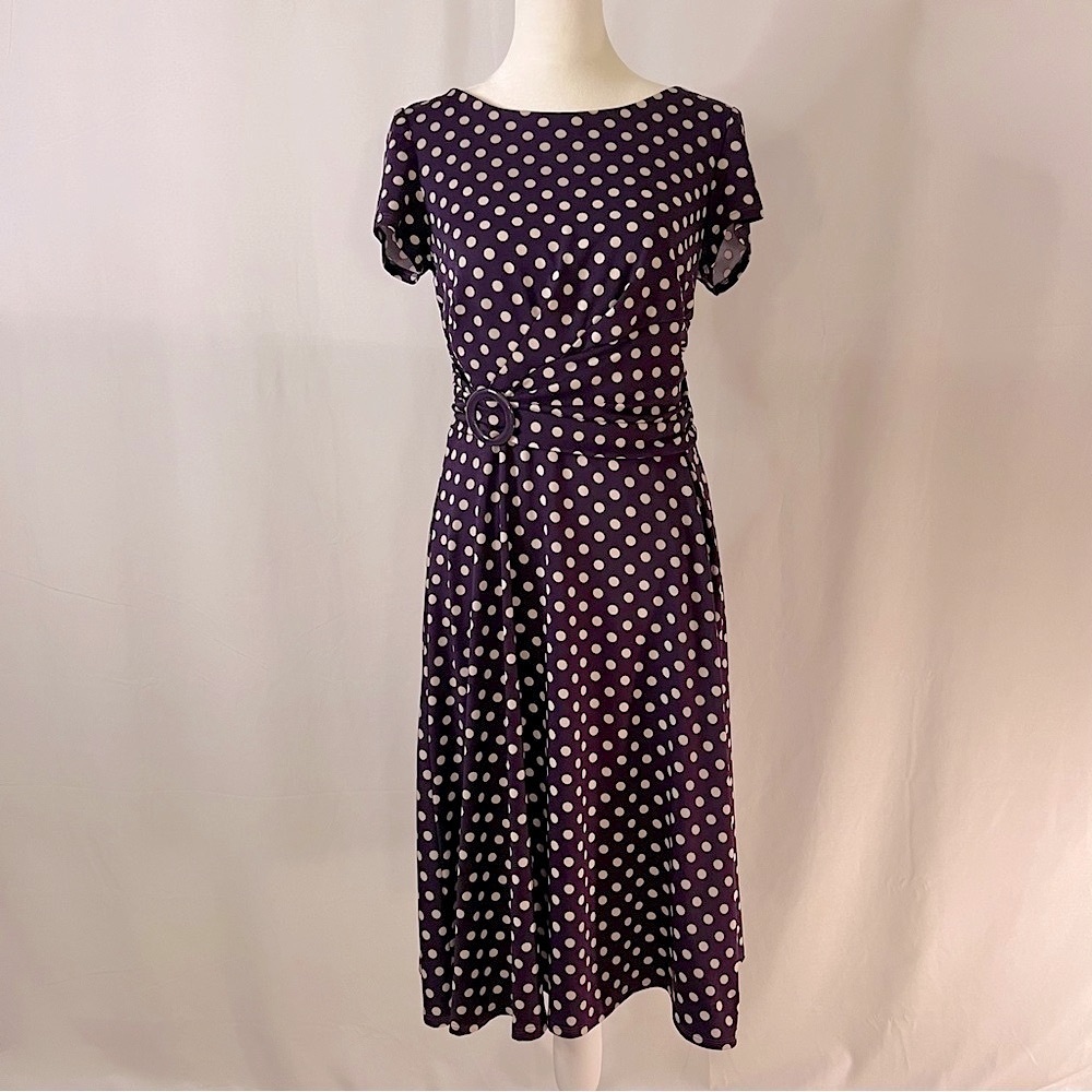 **SOLD** Purple Flare Dress w/Cream Polka Dots Sz Small (runs large) - Picture 2 of 9